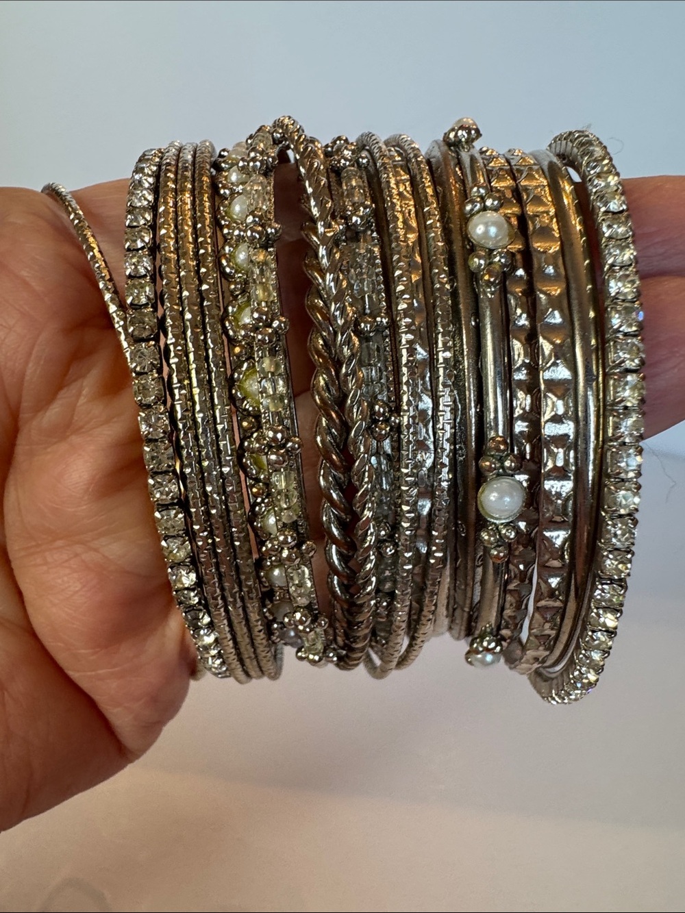 Silver-Tone Multi-Bangle 23 Bracelet Set with Rhinestones and pearls EUC